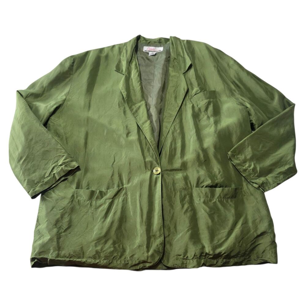 Vintage Diane Marco 100% Silk Blazer Womens 22W Olive Green Oversized Jacket